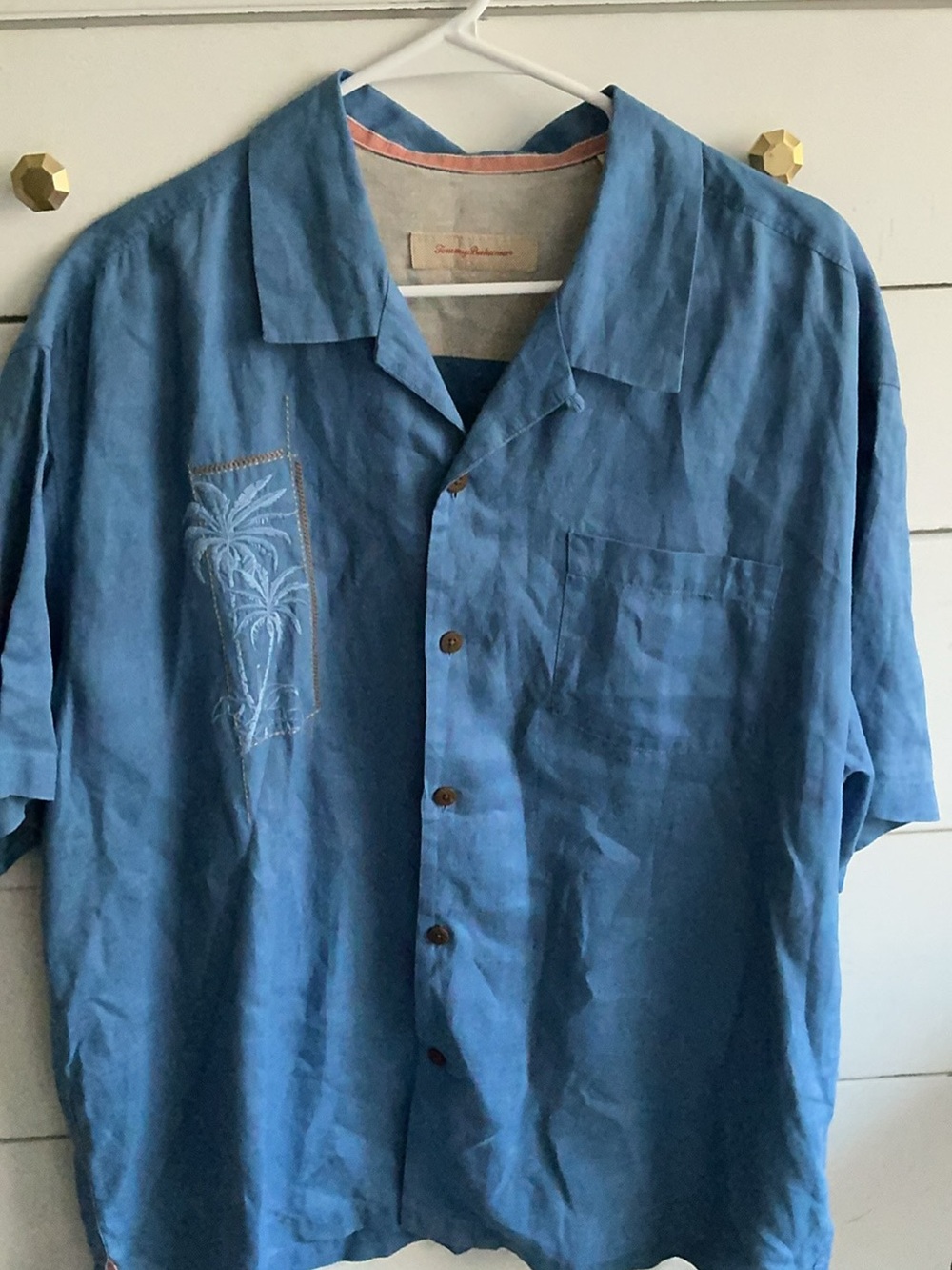 Tommy Bahama Sky Blue Short-Sleeve Linen Camp Shirt with Palm Embroidery